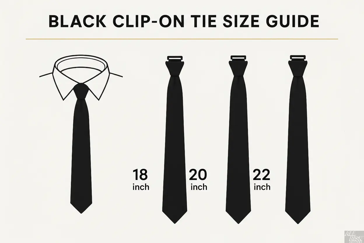 Black clip-on tie size guide showing 18 inch, 20 inch, and 22 inch options