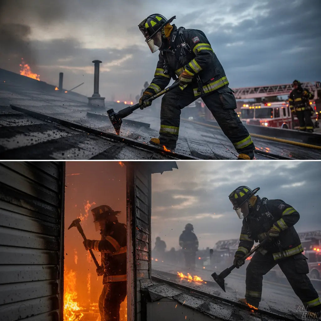 Firefighter using Black Maxx hybrid sledge maul during forcible entry and roof ventilation - versatile tool in action during emergency response
