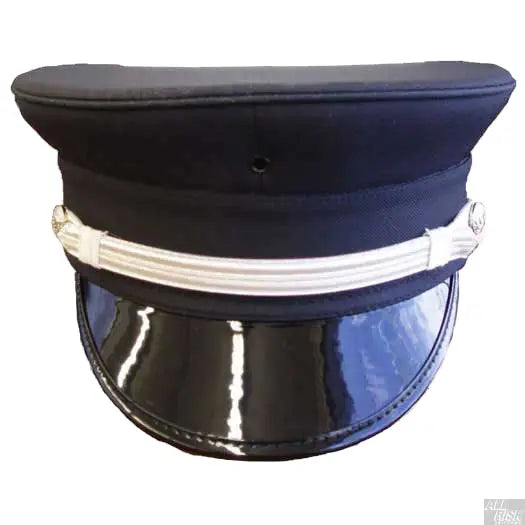 A black, semi-pershing class A firefighter's hat with an adjustable interior sweatband.