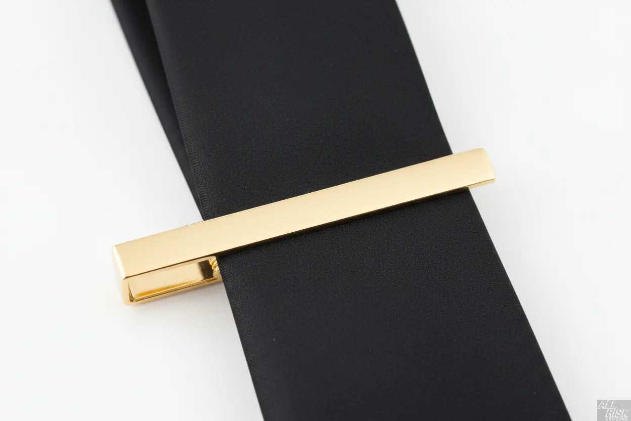 Blackinton Gold Tie Bar in Use - CAL FIRE Official Tie Clip Securing Black Uniform Tie - American Made Class A Dress Uniform Accessory - Gold Finish Functional Photography