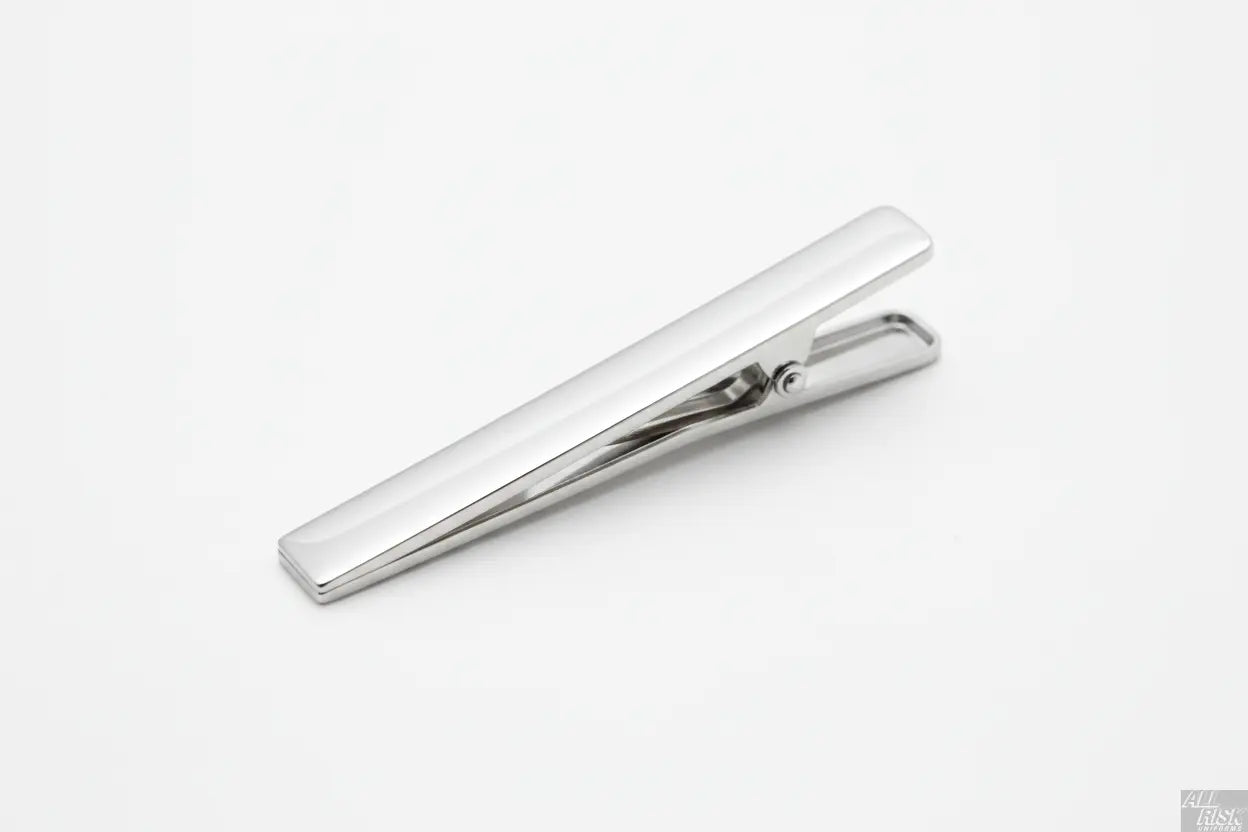 Blackinton Silver Tie Bar 45-Degree View - CAL FIRE Approved American Made Tie Clip - Class A Uniform Accessory for California Firefighters - Polished Chrome Finish Detail