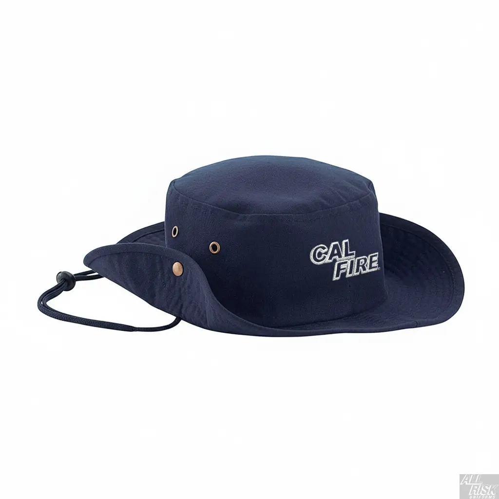 Tactical boonie hat in midnight navy with white CAL FIRE text - side angle view displaying wide brim, ventilation eyelets, and tactical construction