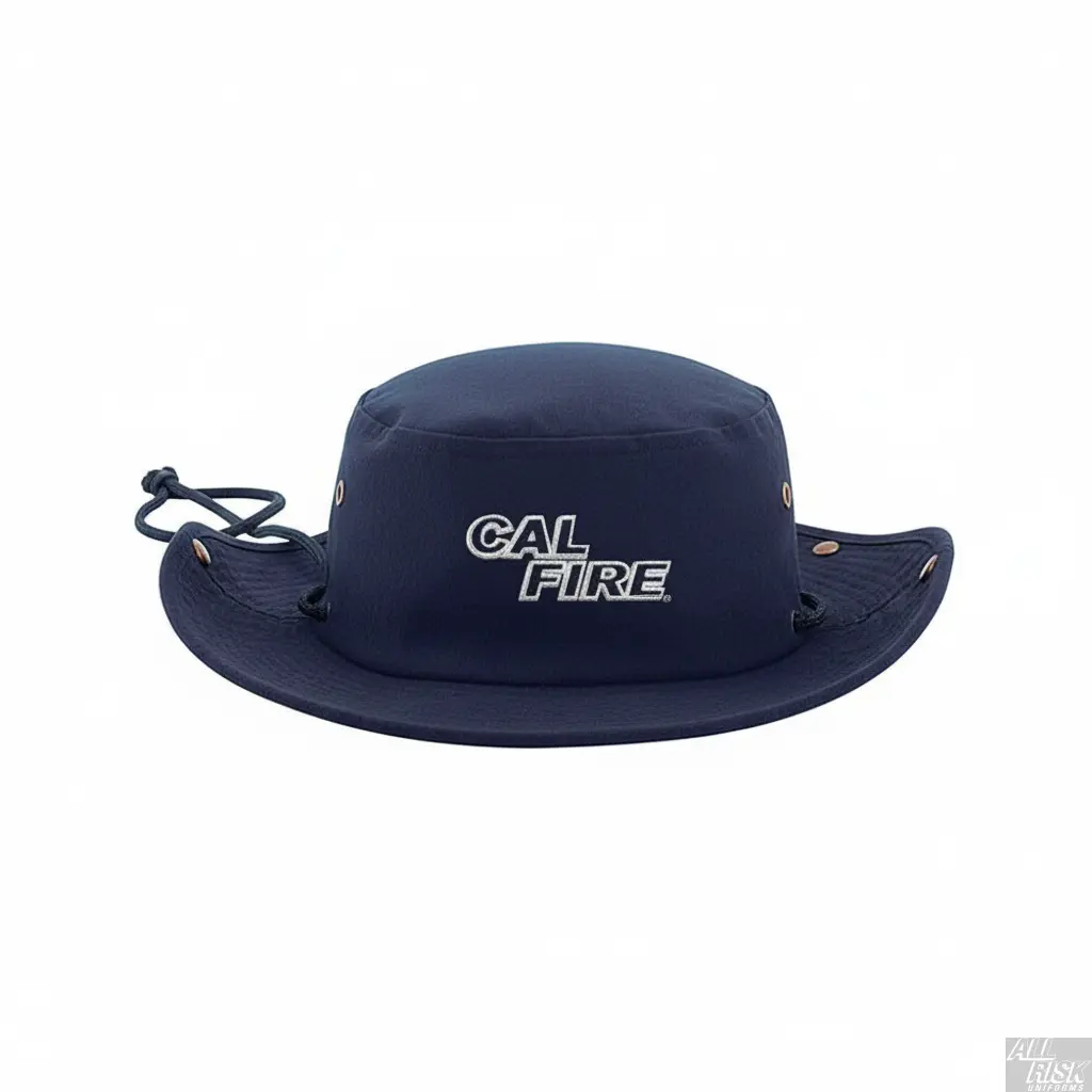 Tactical boonie hat in midnight navy with white CAL FIRE text embroidery - front view showing wide circular brim with ventilation eyelets and adjustable chin strap