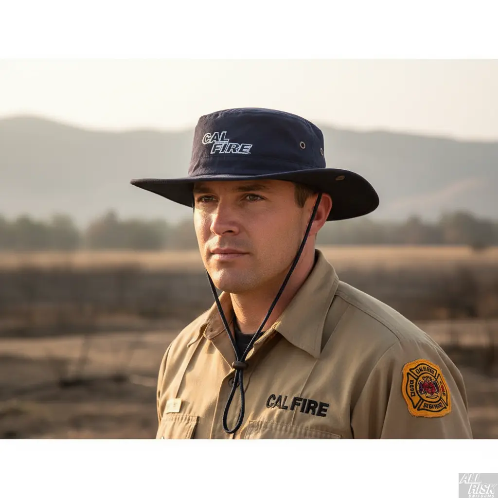Firefighter wearing tactical boonie hat in midnight navy with white CAL FIRE text outdoors during field operations showing wide brim sun protection and chin strap