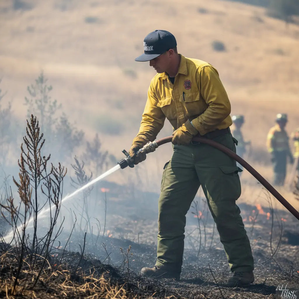 CAL FIRE Wildland Firefighter Wearing Bucket Hat - Action Shot Outdoor Duty