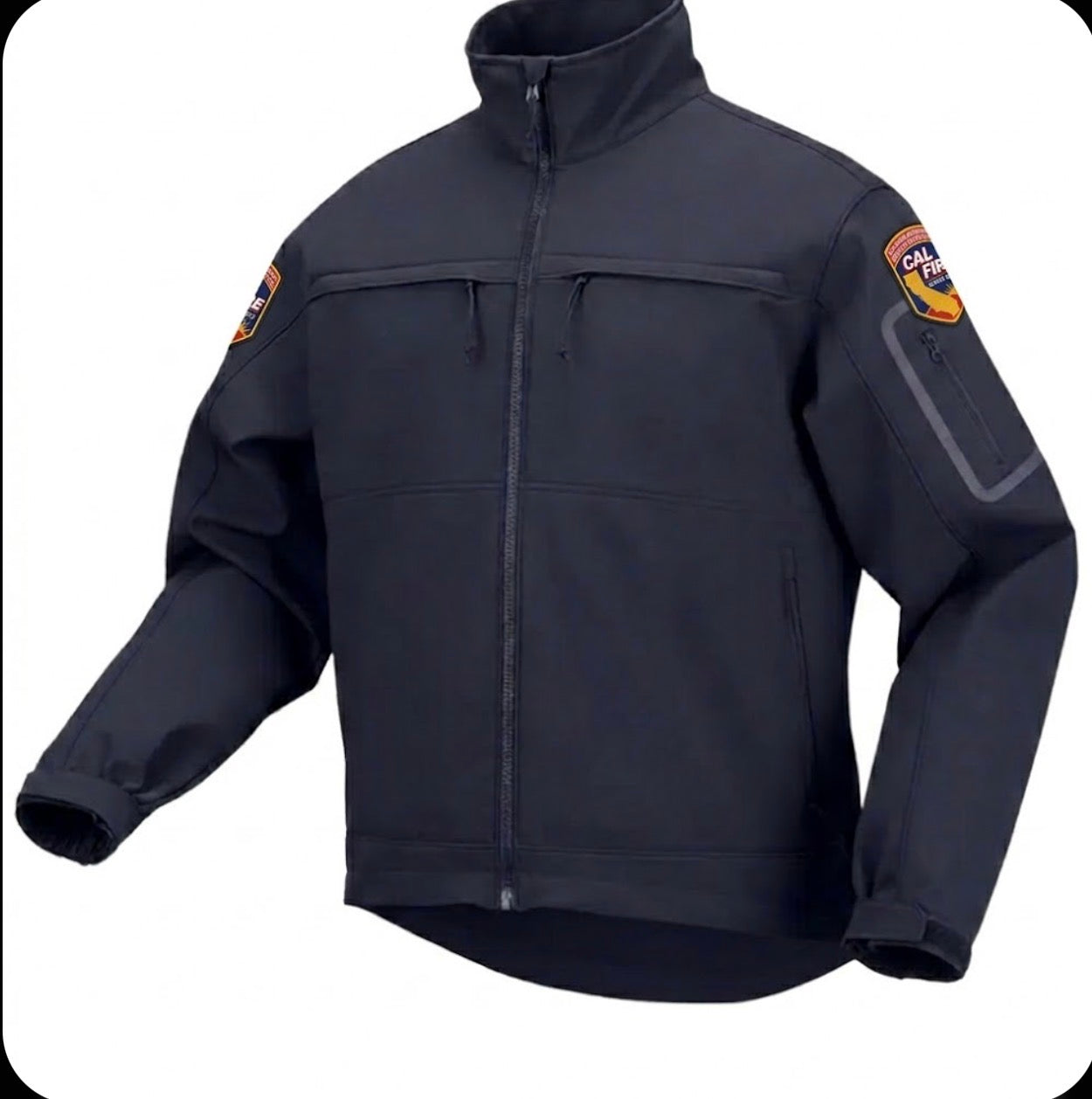 Three-quarter render of the navy softshell with colorful CAL FIRE arrowhead shield crest patches embroidered on both shoulders and a reflective slot on the right sleeve.