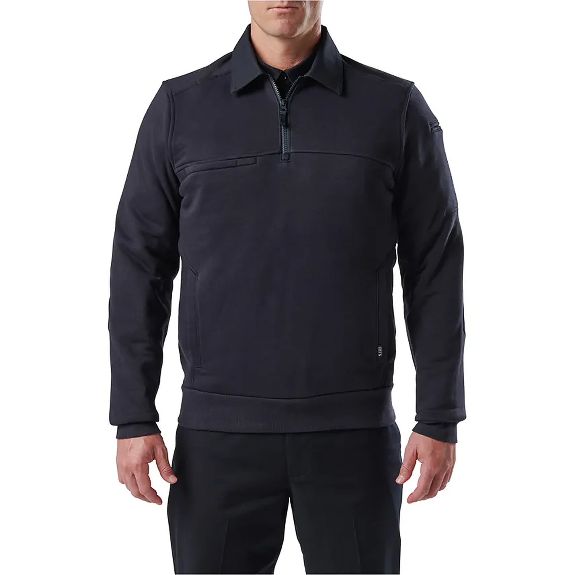 Straight-on front view of a model wearing the plain navy 5.11 quarter-zip job shirt with the collar laid open.