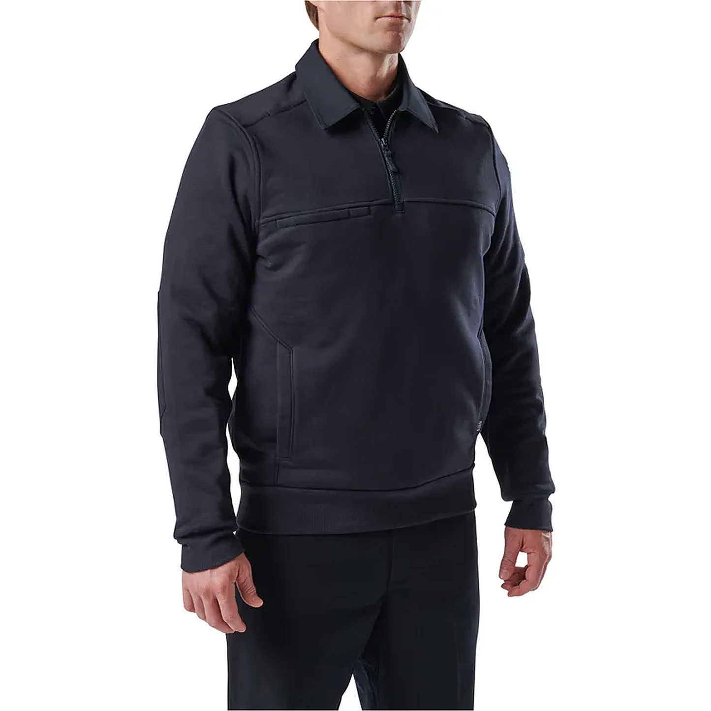 Front three-quarter view of a model wearing the navy job shirt, showing the quarter-zip collar, chest pocket, and side hand pocket.