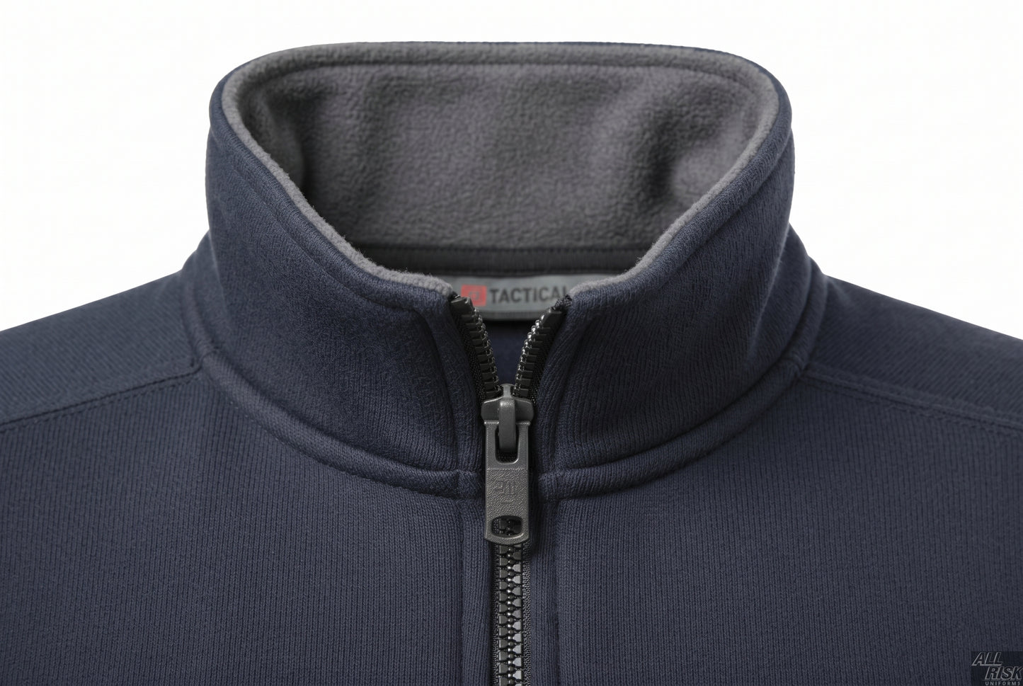 Close-up of the soft no-roll stand collar with gray fleece inner lining, the quarter-zip pull and a 5.11 Tactical woven label.