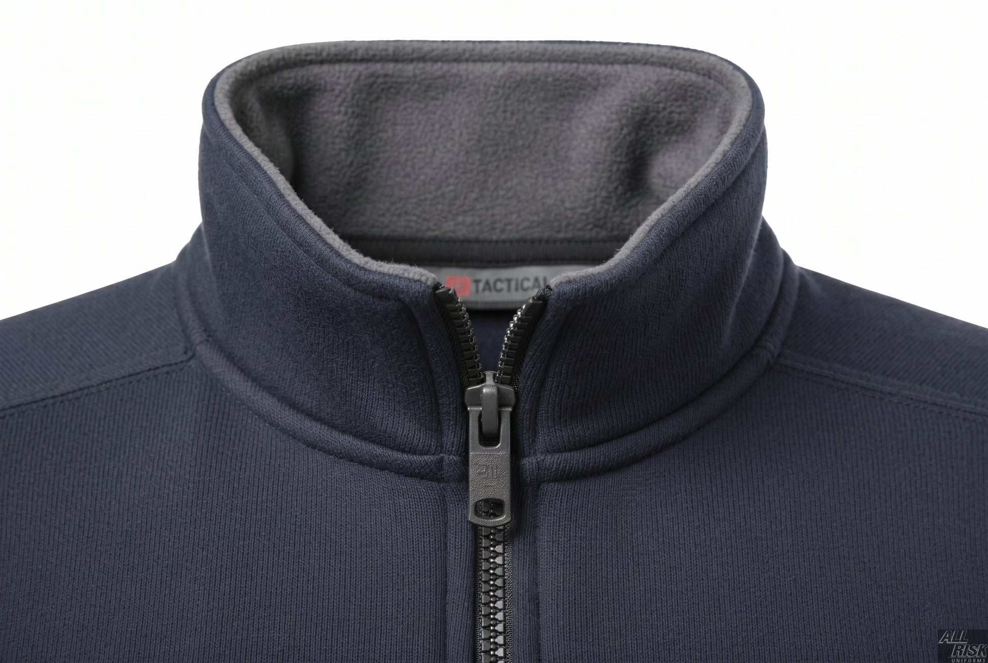 Close-up of the soft no-roll stand collar with gray fleece inner lining, the quarter-zip pull and a 5.11 Tactical woven label.
