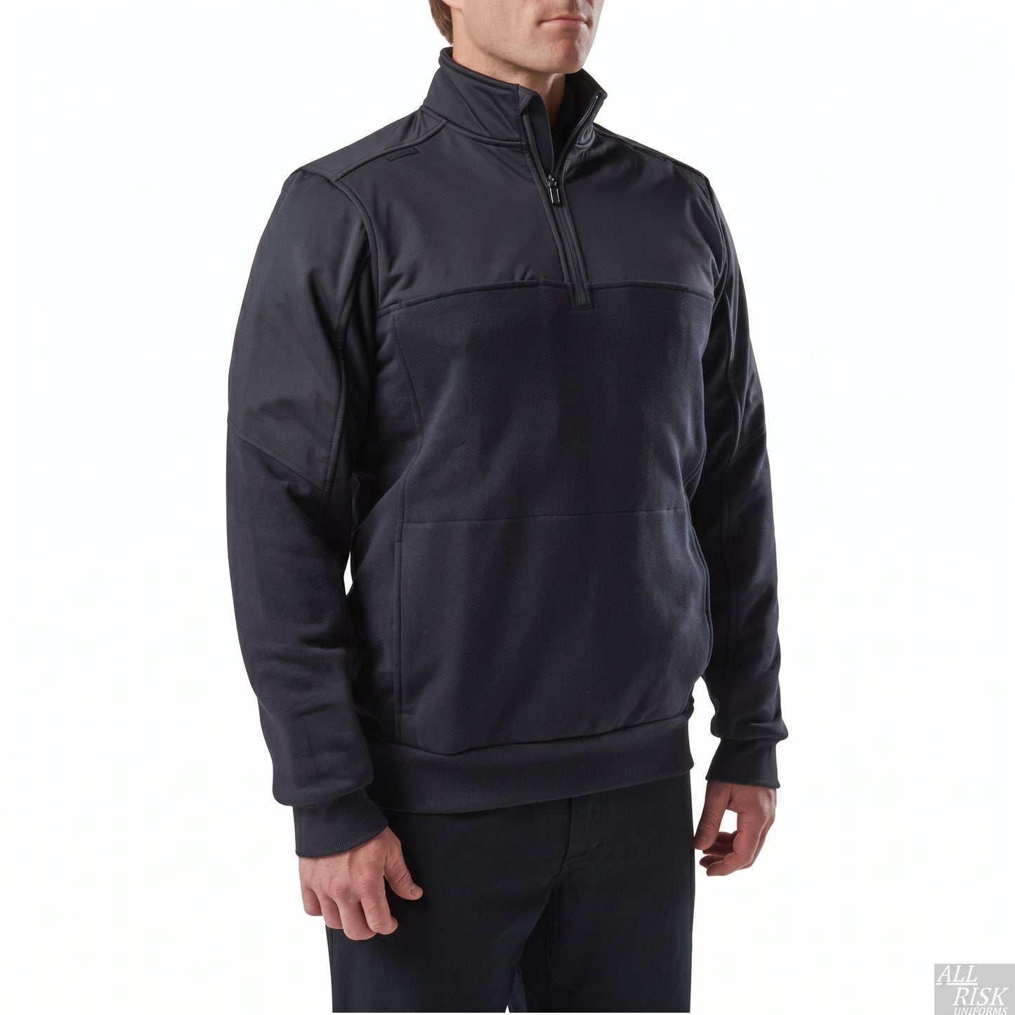 Three-quarter front view of the navy job shirt showing the brushed fleece body panel and the large front kangaroo pocket.