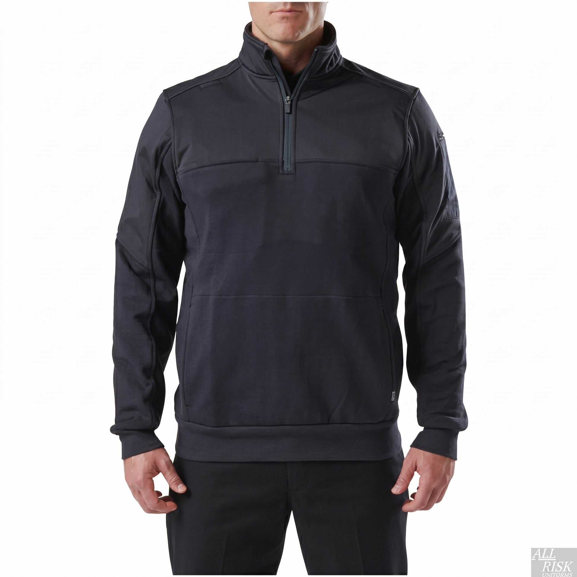 Plain navy 5.11 quarter-zip job shirt on a model, full front view with no chest logo, showing the zip placket, chest yoke seam and ribbed cuffs.