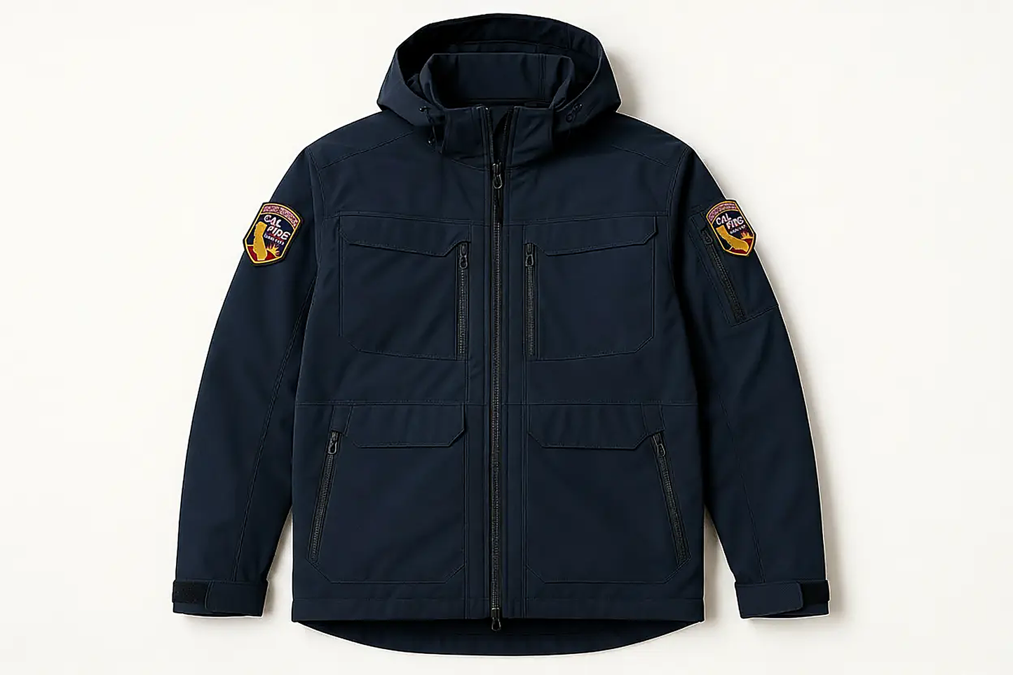 CAL FIRE 5.11 Valiant Jacket navy product shot waterproof tactical jacket with official department shoulder patches professional duty wear