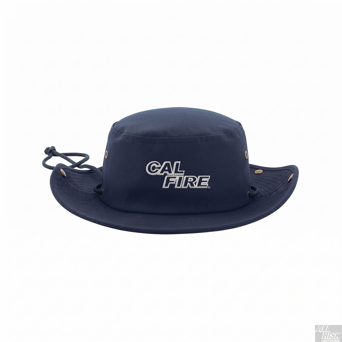 Back view of the navy CAL FIRE Aussie-style boonie hat showing the wide brim and chin-cord toggle.