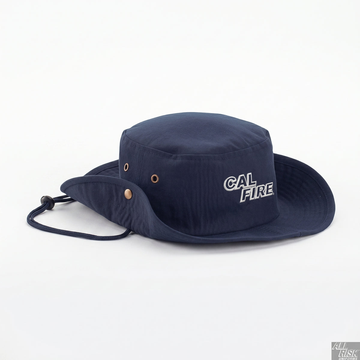 Navy CAL FIRE Aussie-style boonie hat, front three-quarter view showing the red CAL FIRE wordmark and adjustable chin cord.