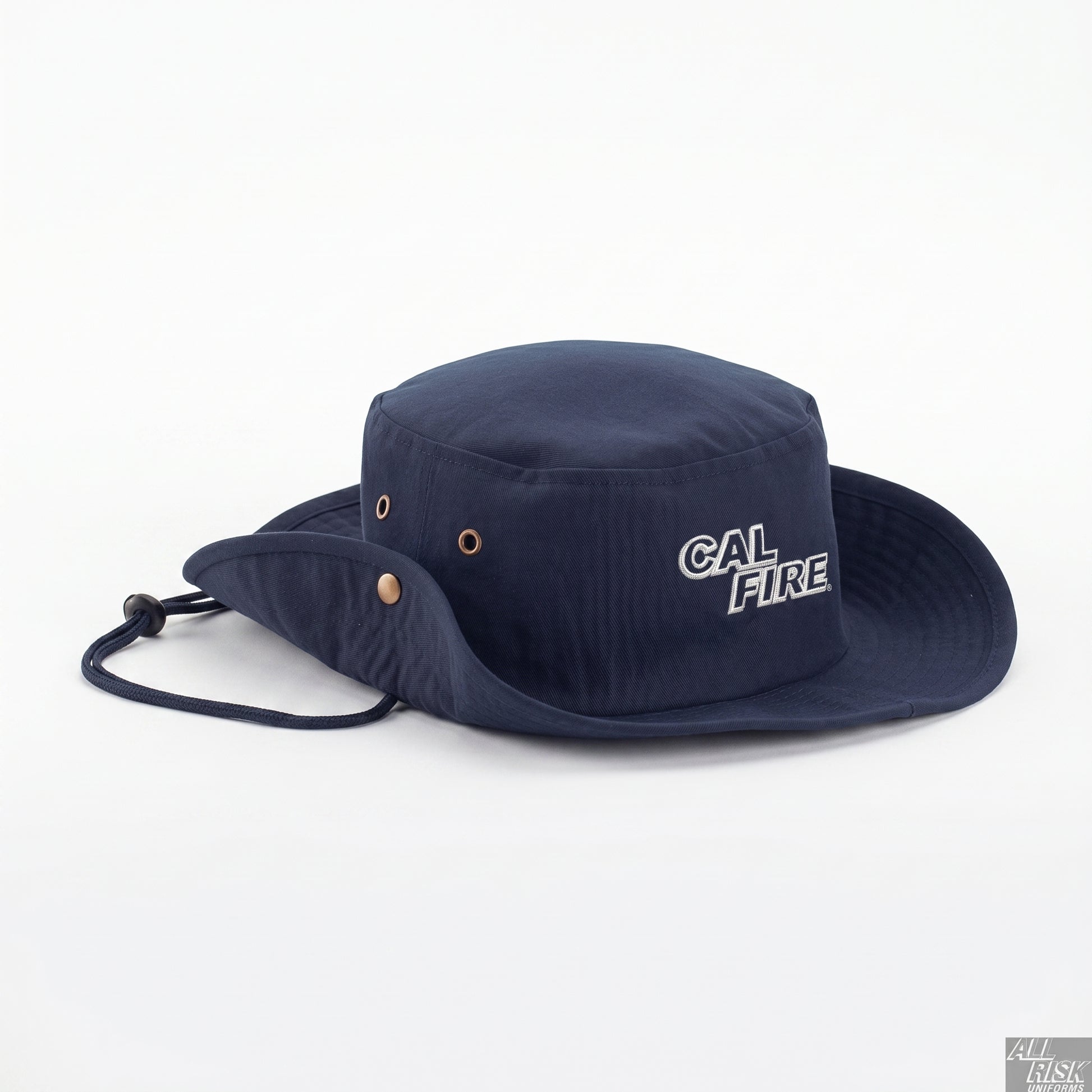 Navy CAL FIRE Aussie-style boonie hat, front three-quarter view showing the red CAL FIRE wordmark and adjustable chin cord.
