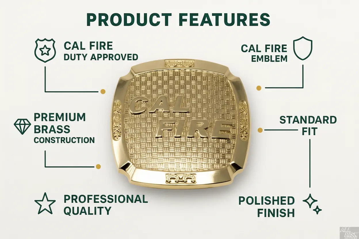CAL FIRE belt buckle features - duty approved, brass, Cal Fire emblem, professional quality
