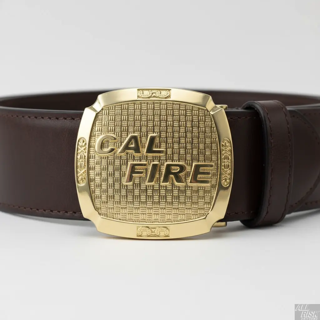 CAL FIRE belt buckle detail on Class A uniform belt showing brass construction