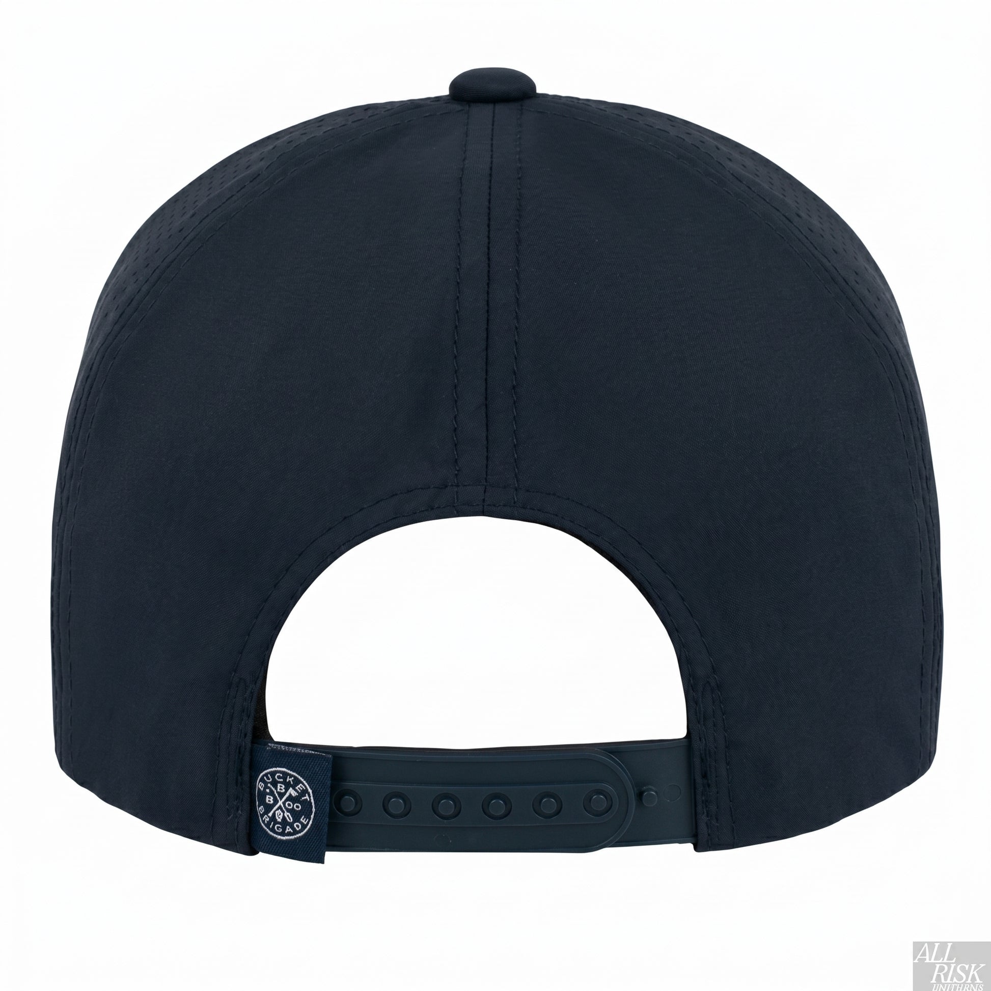Back view of the navy CAL FIRE Bucket Brigade cap — laser-perforated vent panels and a rubber snapback strap with the woven Bucket Brigade tag.