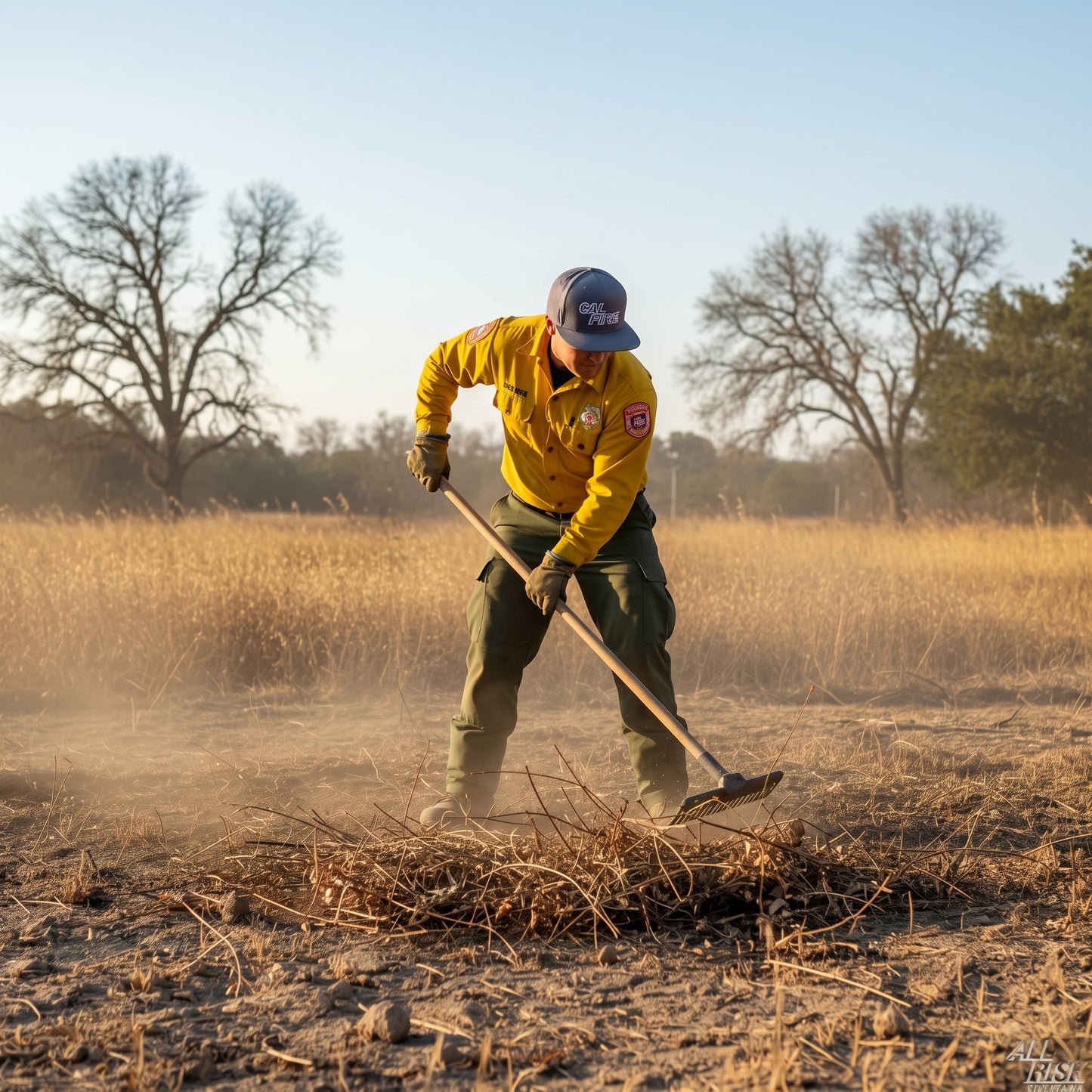 CAL FIRE wildland firefighter raking a firebreak through dry golden grass at sunset, wearing the navy CAL FIRE Bucket Brigade cap.