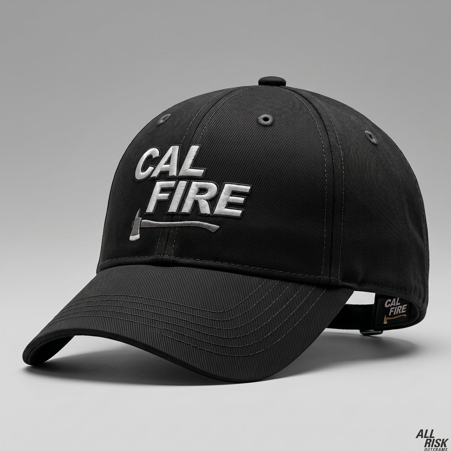 Black CAL FIRE Bucket Brigade cap render, three-quarter view with the white CAL FIRE wordmark above a horizontal axe and a CAL FIRE tab on the adjustment strap.