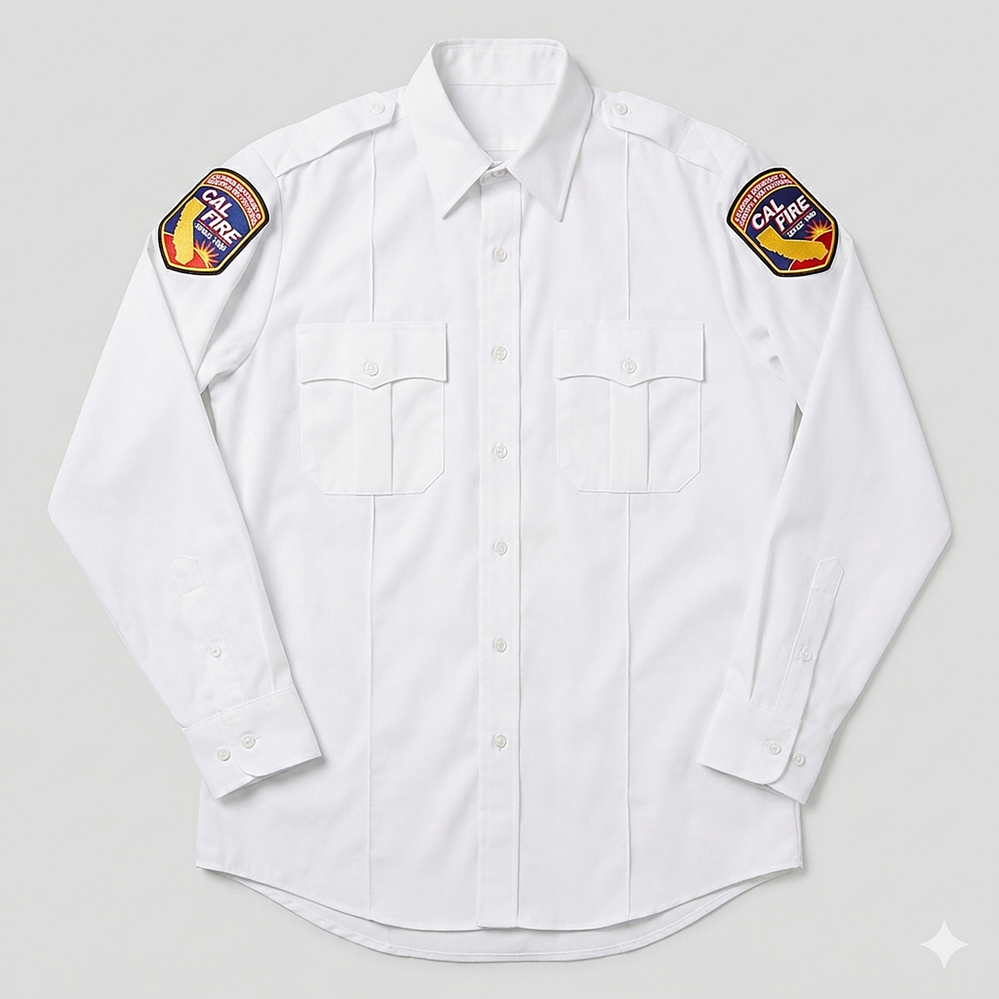 CAL FIRE Class A long-sleeve dress shirt — flat-lay front view in white showing both California-emblem shoulder patches, vertical sewn pleats running down the chest, twin pleat-flap pockets with button closures, button-front placket, and barrel cuffs.