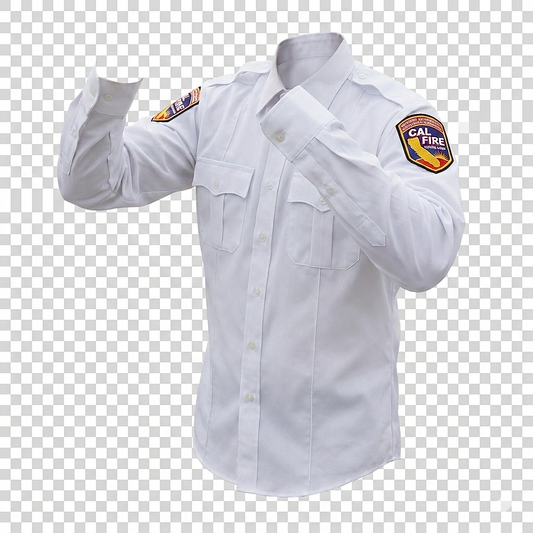 CAL FIRE Class A long-sleeve dress shirt — white poplin button-front shirt on a body form (side-three-quarter angle) showing the CAL FIRE California-emblem shoulder patch, twin pleat-flap chest pockets with button closures, twin epaulet straps, and button cuff.