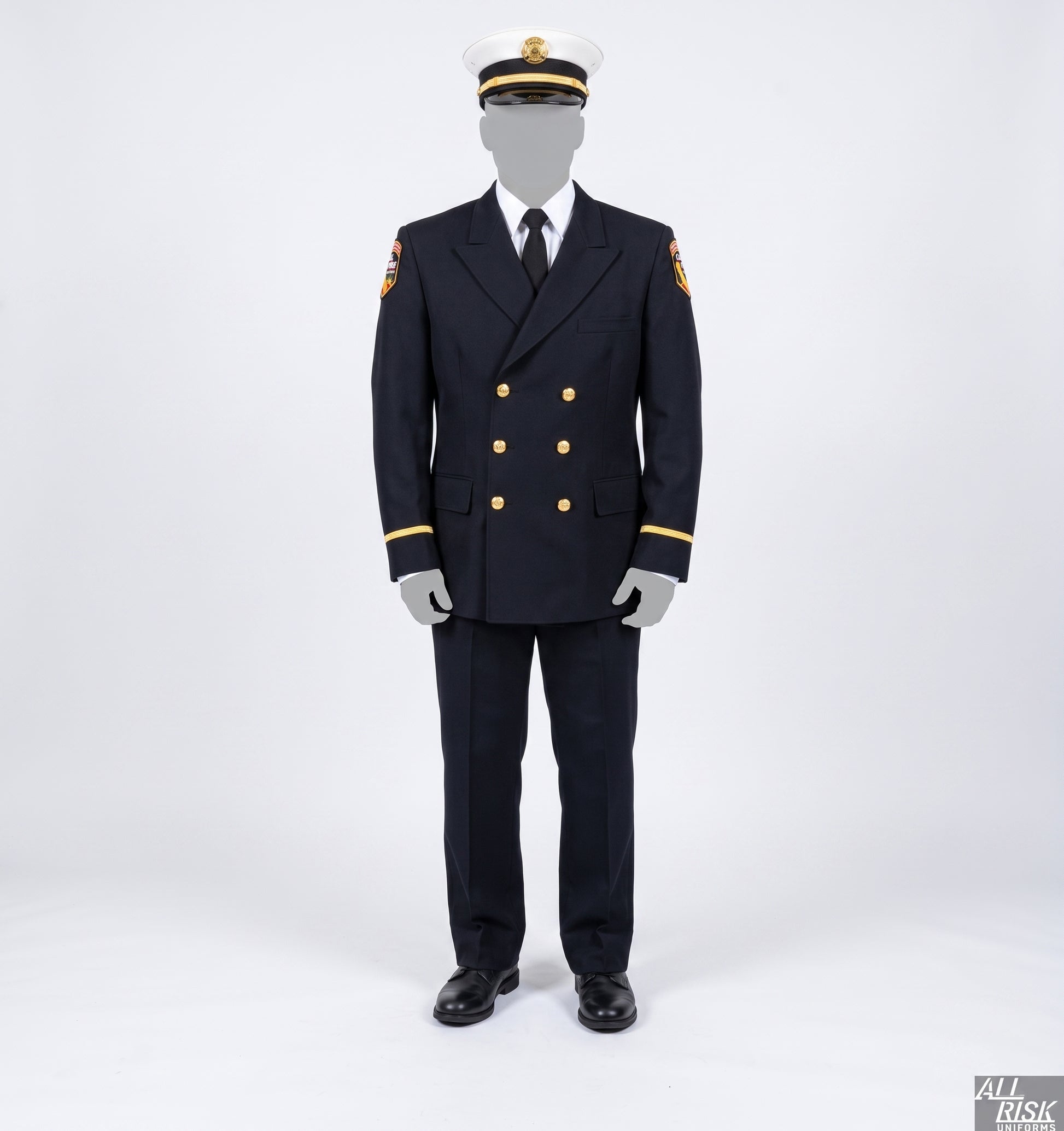 CAL FIRE Class A uniform — gold-brass officer version illustration: black double-breasted dress jacket with gold buttons and gold shoulder rockers, white peaked dress cap with gold hat-device, gold dress sleeve braid, black trousers, black tie, white shirt, white parade gloves.