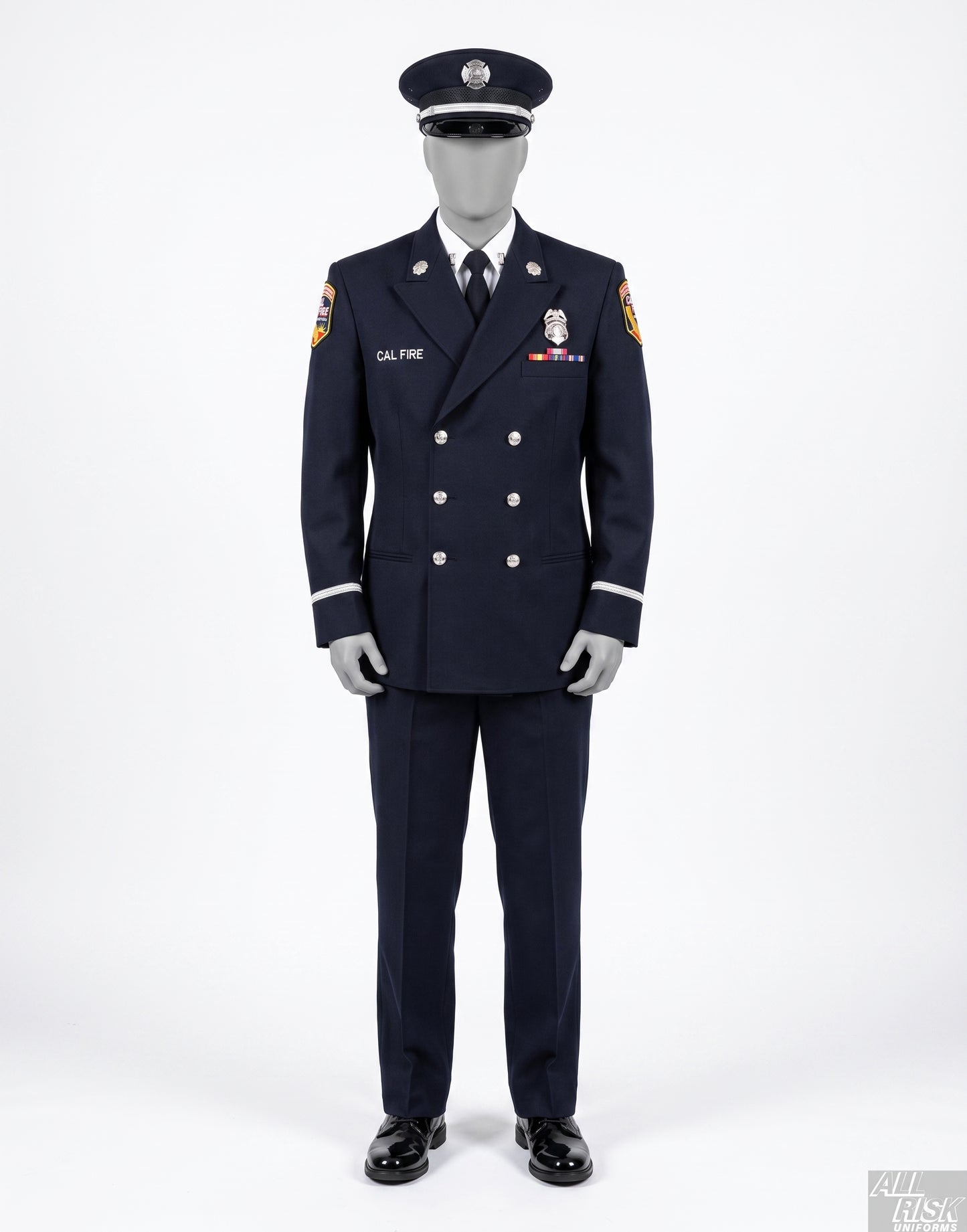 CAL FIRE Class A uniform — silver-brass version illustration: black double-breasted dress jacket with silver buttons and silver shoulder rocker patches, black peaked dress cap with silver hat-device, black trousers, black tie, white shirt, white parade gloves.
