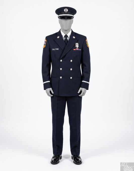 CAL FIRE Class A uniform — silver-brass version illustration: black double-breasted dress jacket with silver buttons and silver shoulder rocker patches, black peaked dress cap with silver hat-device, black trousers, black tie, white shirt, white parade gloves.