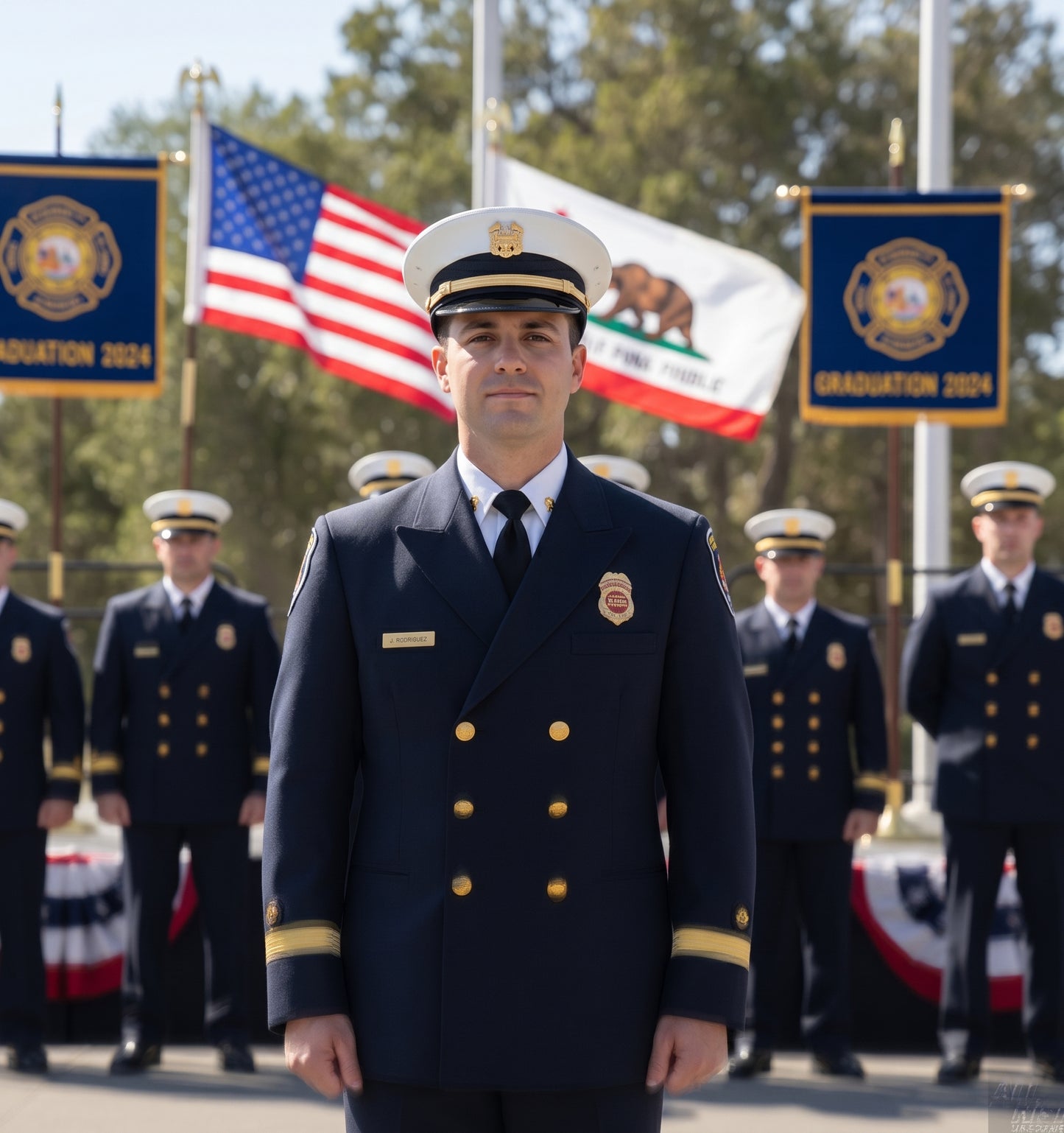 CAL FIRE academy graduate at attention in Class A uniform — navy-black double-breasted dress jacket with gold buttons and gold breast badge, white peaked dress cap with gold insignia, gold dress sleeve braid. Standing before US flag, California Bear flag, and CAL FIRE Graduation 2024 banners with other graduates in formation behind.