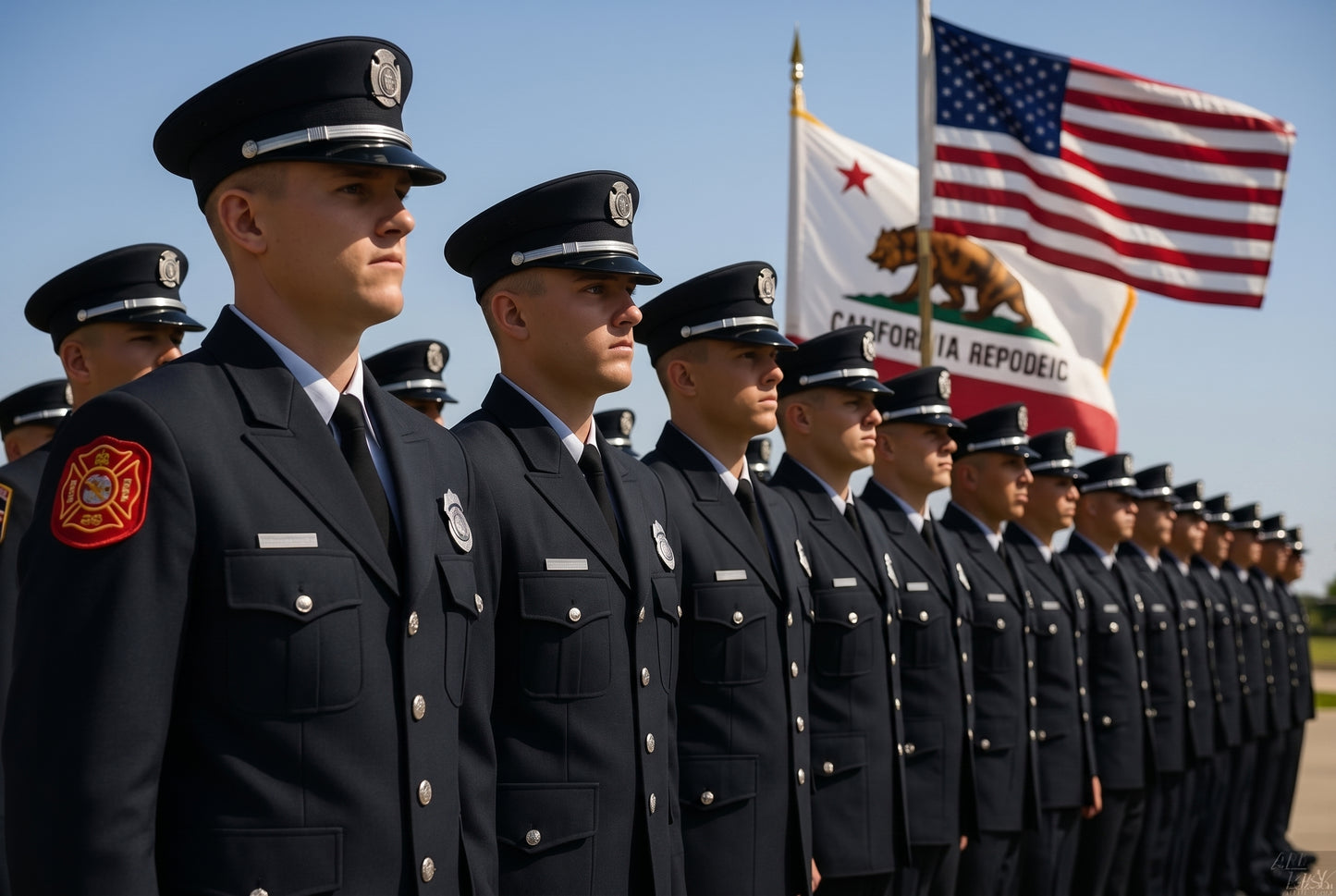 Line of CAL FIRE academy cadets at attention in silver-brass Class A uniforms — black peaked dress caps with silver hat-device, black double-breasted dress jackets with silver buttons and silver breast badges. Front cadet shows the red CAL FIRE shoulder patch. US flag and California Bear flag in background.