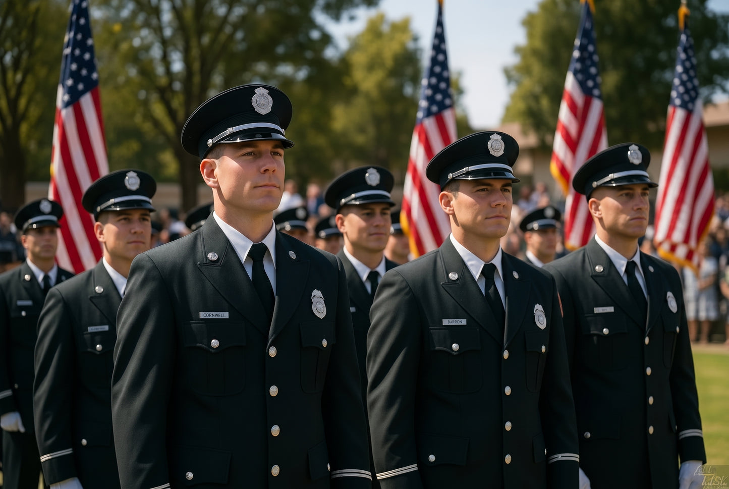 CAL FIRE graduates in formation outdoors in silver-brass Class A uniforms — black peaked caps with silver hat-device, black double-breasted dress jackets with silver buttons, silver breast badges, silver dress sleeve braid. Multiple US flags behind, civilian audience watching the ceremony.