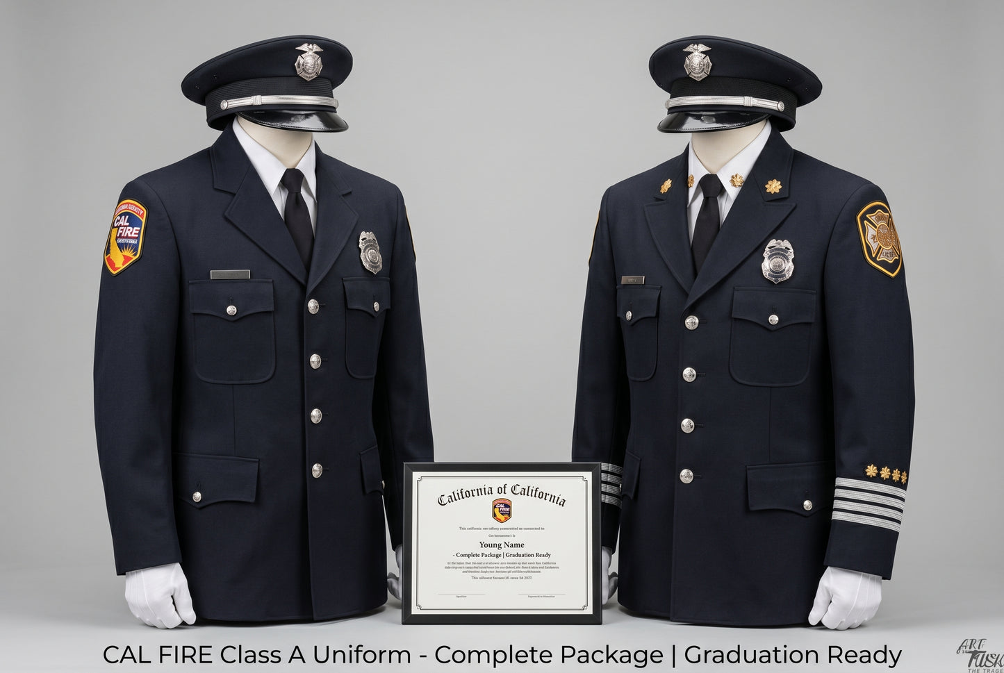 CAL FIRE academy graduate in silver-brass Class A shaking hands with a senior officer during certificate presentation — both in black peaked caps and black double-breasted dress jackets, officer holding a white certificate folio. CAL FIRE shield banner with 'Courage Loyalty' text behind. Other graduates visible in the background.