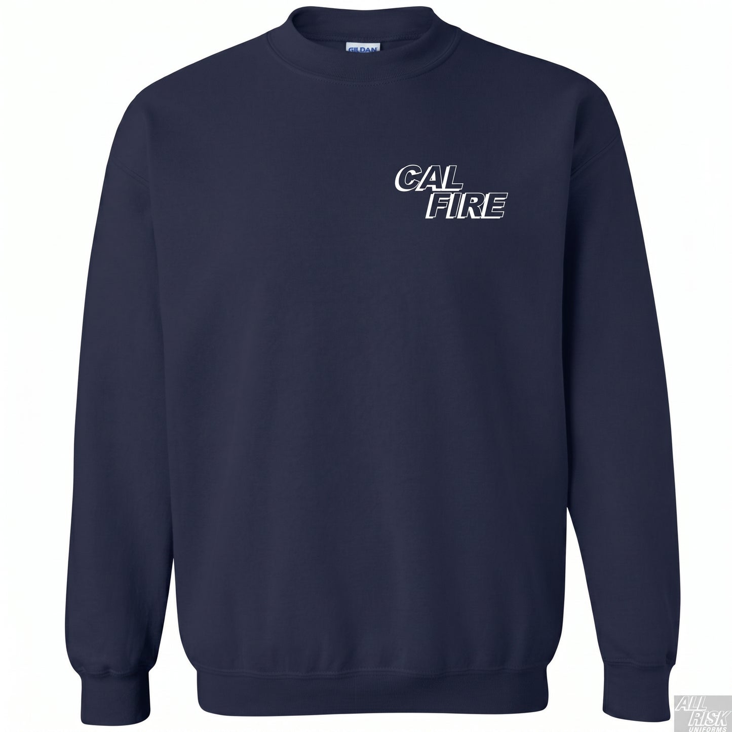 Navy CAL FIRE crewneck sweatshirt — front view with white CAL FIRE italic block-letter logo printed on the left chest. 8oz fleece, ribbed crew neck, ribbed cuffs and hem. Gildan label visible at neck.