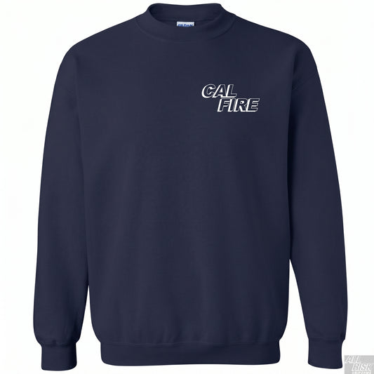Navy CAL FIRE crewneck sweatshirt — front view with white CAL FIRE italic block-letter logo printed on the left chest. 8oz fleece, ribbed crew neck, ribbed cuffs and hem. Gildan label visible at neck.