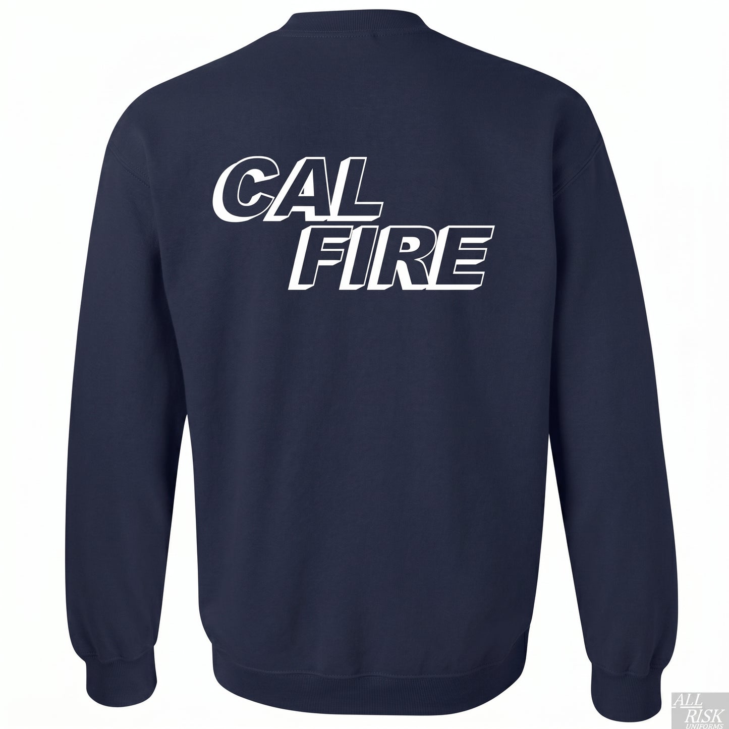 Navy CAL FIRE crewneck sweatshirt — back view with large white CAL FIRE italic block-letter logo printed across the upper back.