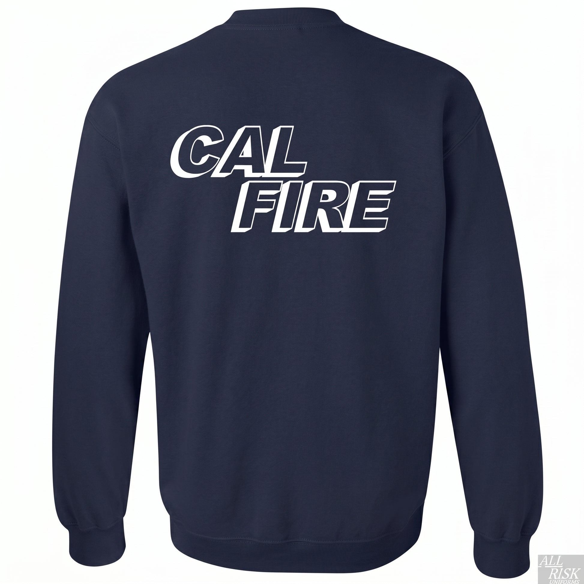 Navy CAL FIRE crewneck sweatshirt — back view with large white CAL FIRE italic block-letter logo printed across the upper back.
