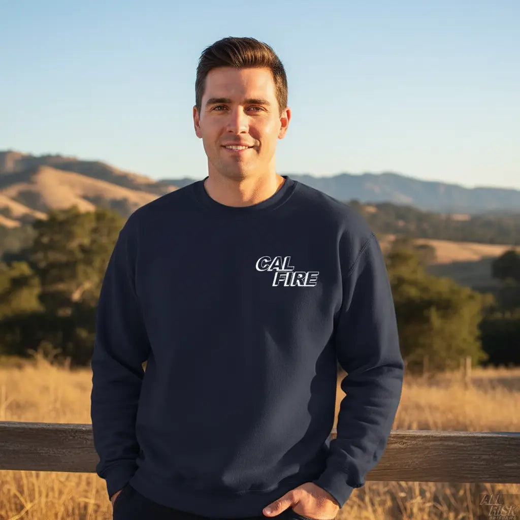 Cal Fire firefighter wearing crewneck sweatshirt in casual off-duty setting