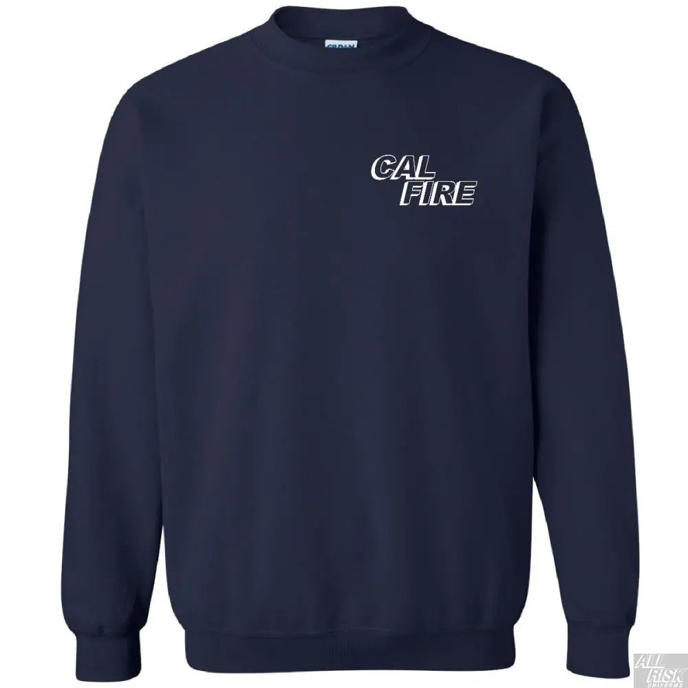 Navy blue crewneck sweatshirt with 'CAL FIRE' text on the front.