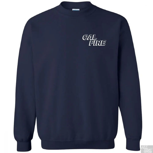 Navy blue crewneck sweatshirt with 'CAL FIRE' text on the front.