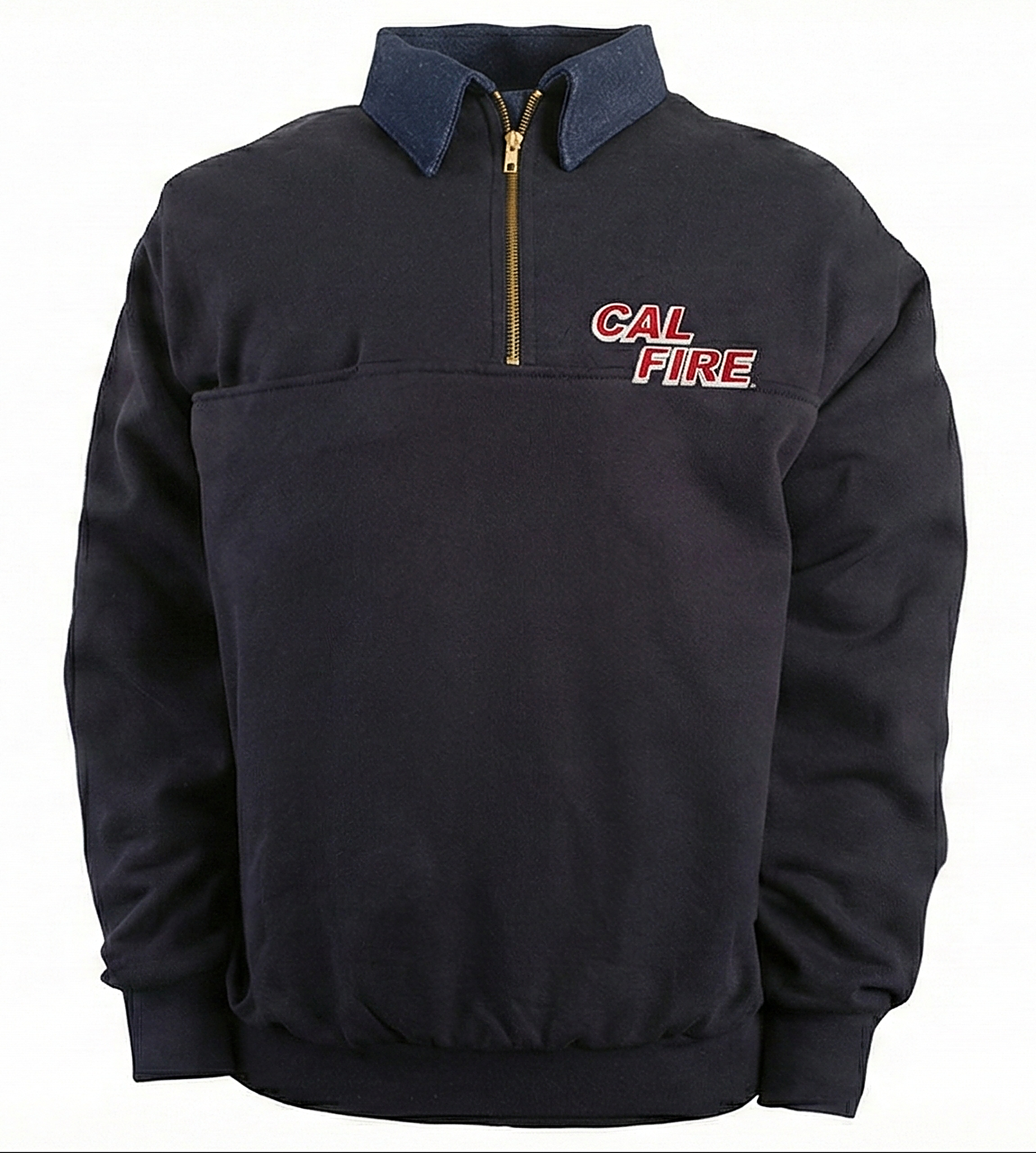 Front view of the navy CAL FIRE job shirt with a denim collar and gold quarter-zip, red CAL FIRE italic wordmark on the left chest.