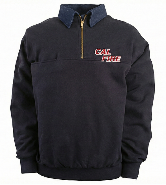 Front view of the navy CAL FIRE job shirt with a denim collar and gold quarter-zip, red CAL FIRE italic wordmark on the left chest.