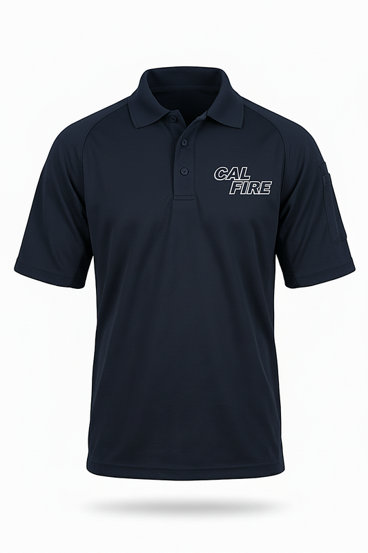 Navy First Tactical performance polo, flat front product shot with a stacked CAL FIRE wordmark in a muted gray outline on the left chest.