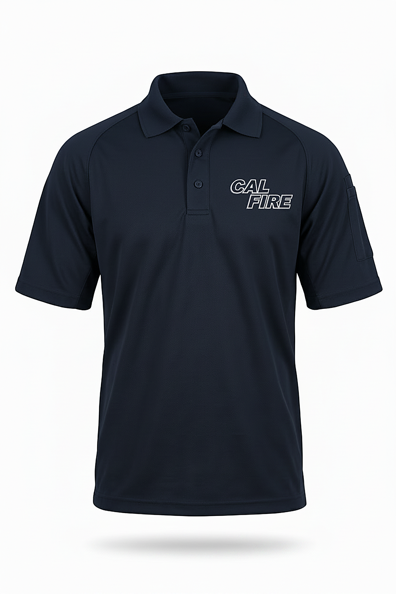Navy First Tactical performance polo, flat front product shot with a stacked CAL FIRE wordmark in a muted gray outline on the left chest.