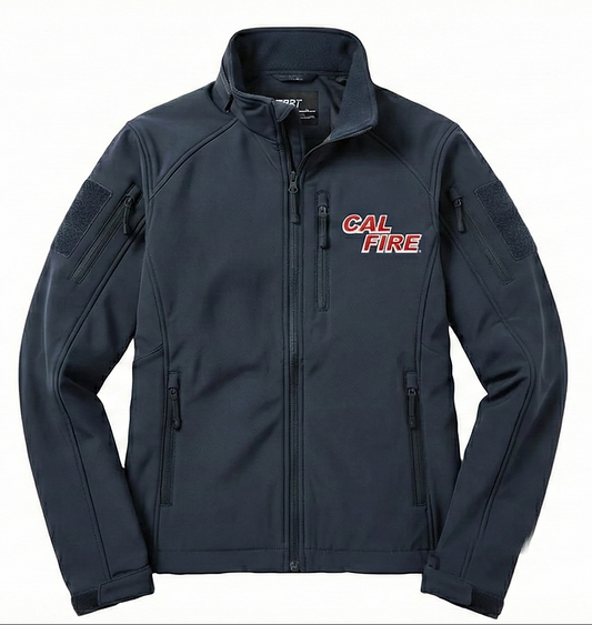 Navy First Tactical Tactix softshell jacket, front view with a full-length zip and the red CAL FIRE wordmark embroidered on the left chest.
