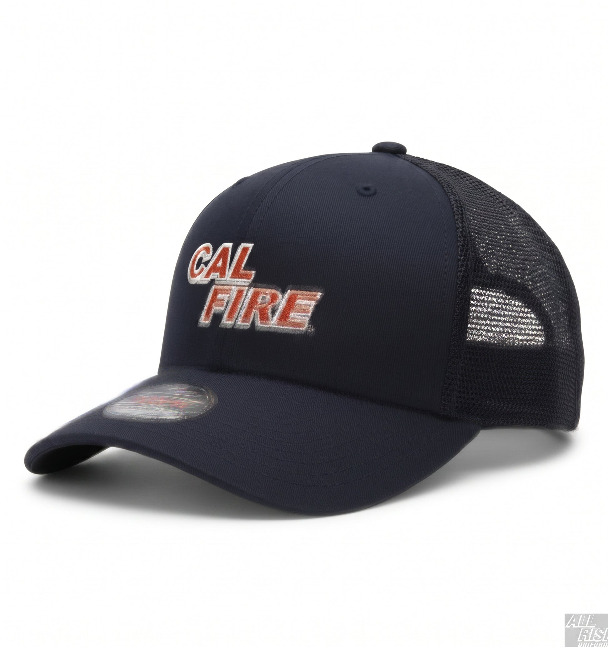CAL FIRE Flexfit 6511 trucker hat, side profile showing the navy front panel, gray mesh back, and curved brim.