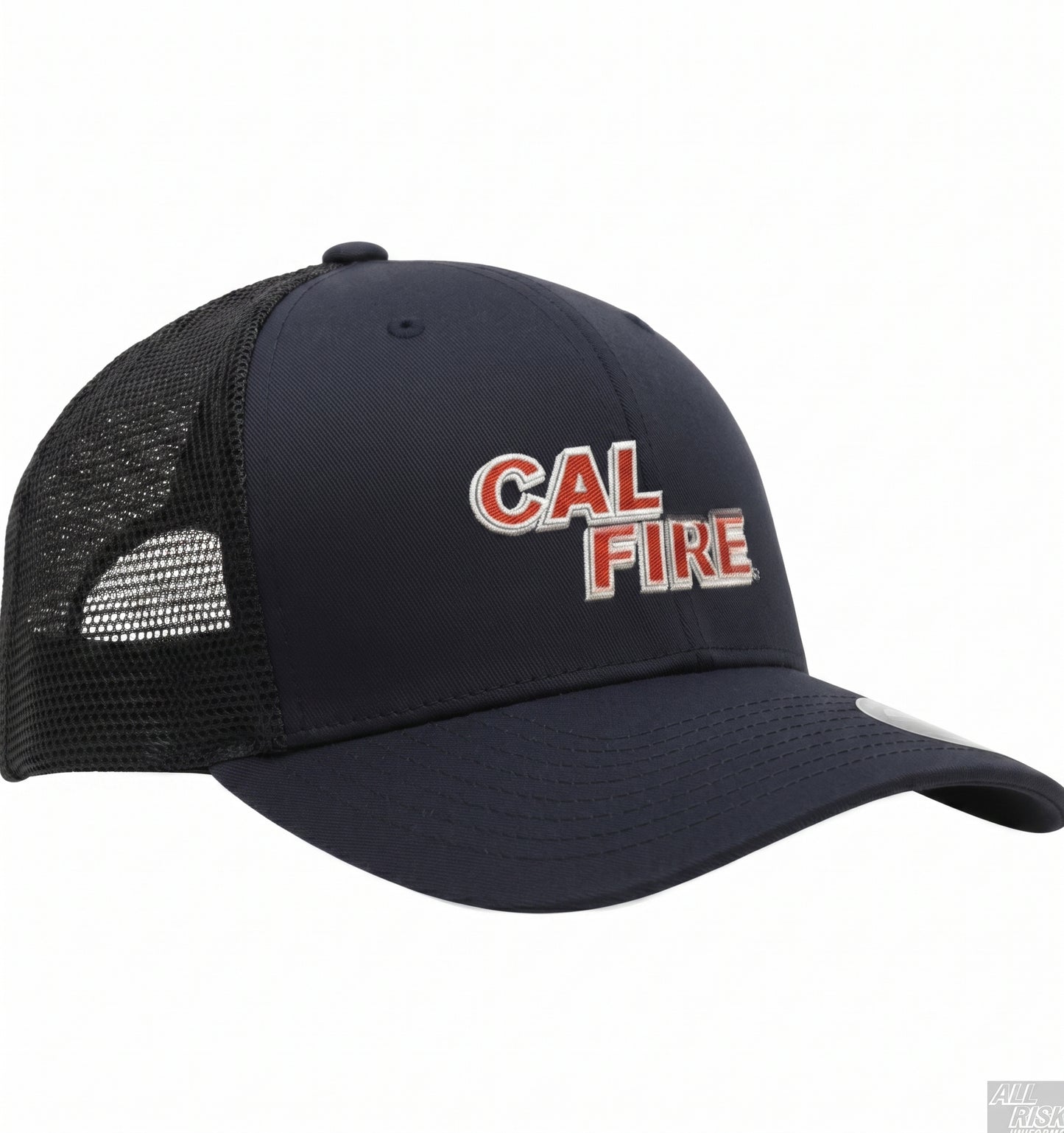 CAL FIRE Flexfit 6511 mesh-back trucker hat, front three-quarter view — navy front with the red CAL FIRE wordmark and gray mesh side panels.