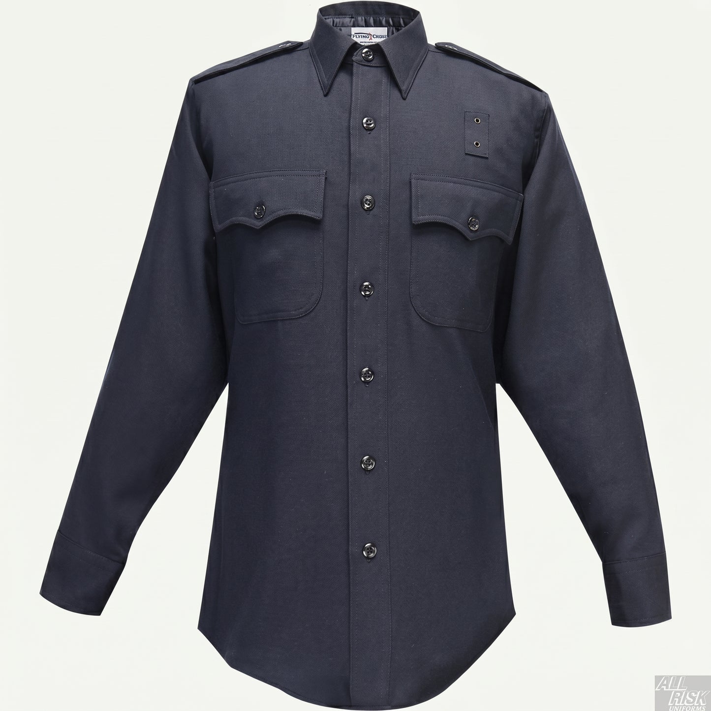 Front view of the plain navy Flying Cross wool uniform shirt with epaulets, two flap pockets, badge tab, and the Flying Cross neck label visible.