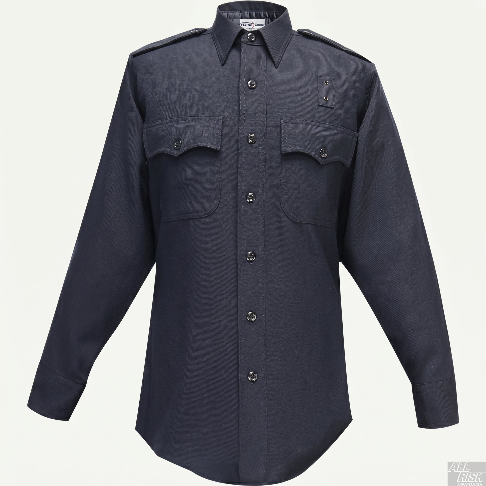 Front view of the plain navy Flying Cross wool uniform shirt with epaulets, two flap pockets, badge tab, and the Flying Cross neck label visible.